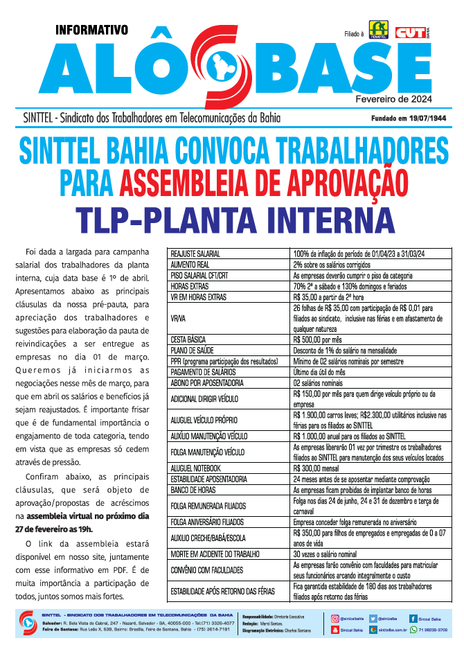 SINTTEL BAHIA CONVOCA TRABALHADORES PARA ASSEMBLEIA DE APROVAÇÃO DA PRÉ-PAUTA